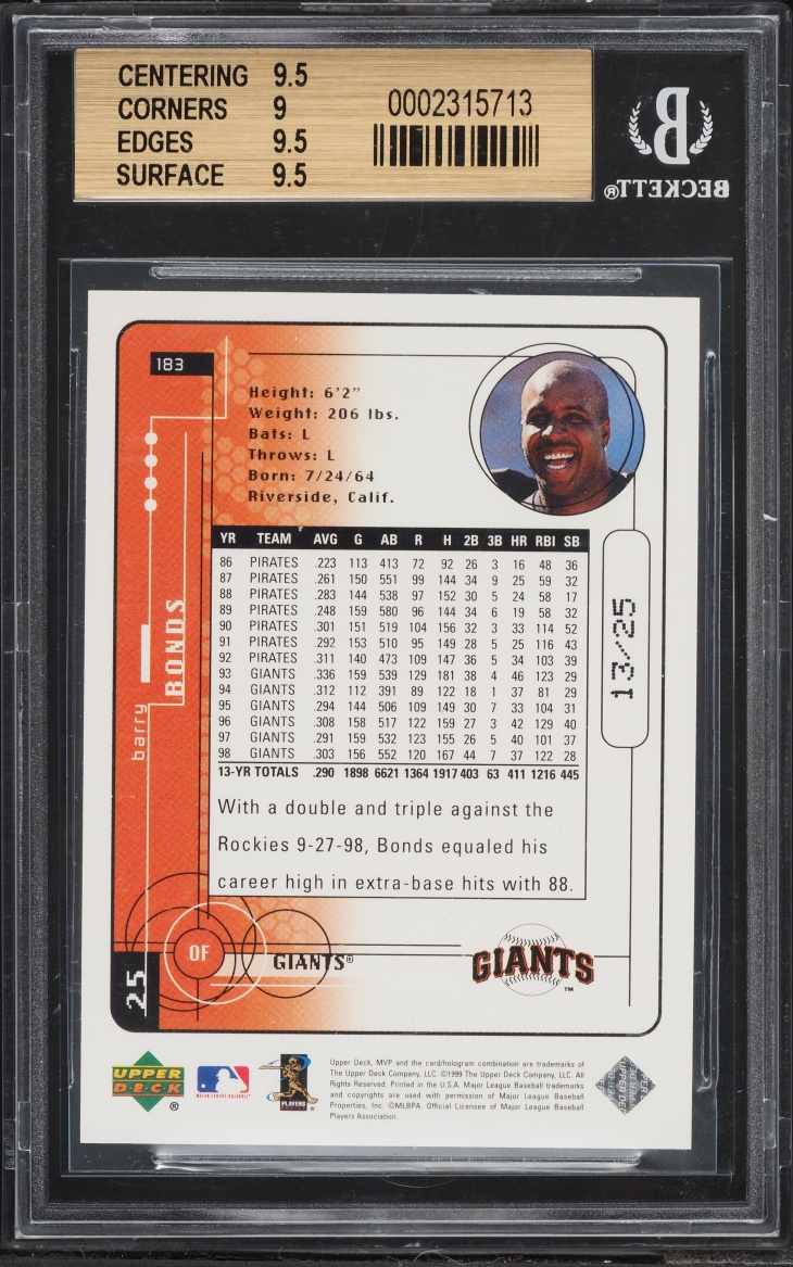 1999 Upper Deck MVP Super Script Barry Bonds /25 #183 BGS 9.5 GEM MINT