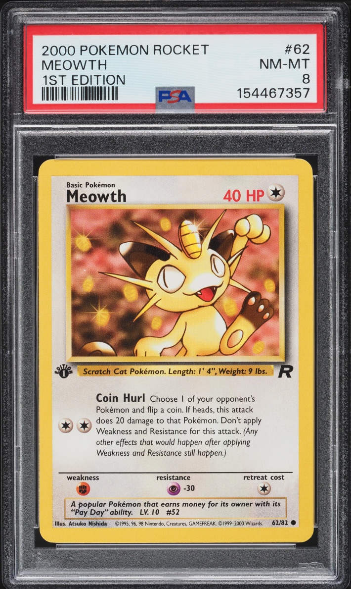 2000 Pokemon Team Rocket 1st Edition Meowth #62 PSA 8 NM-MT