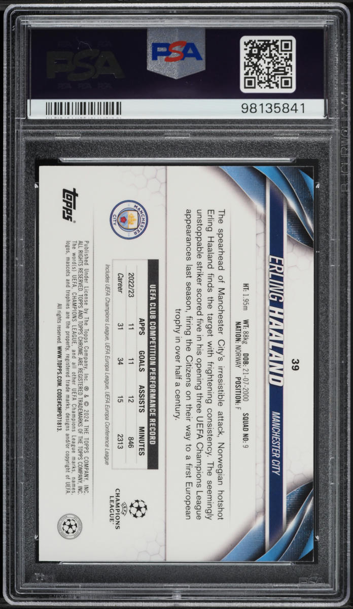 2023 Topps Chrome UEFA CC Violet Speckle Refractor Erling Haaland /299 PSA 10