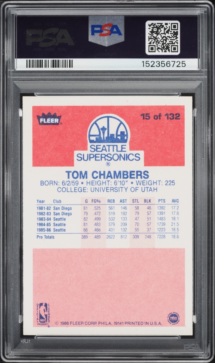 1986 Fleer Basketball Tom Chambers #15 PSA 10 GEM MINT