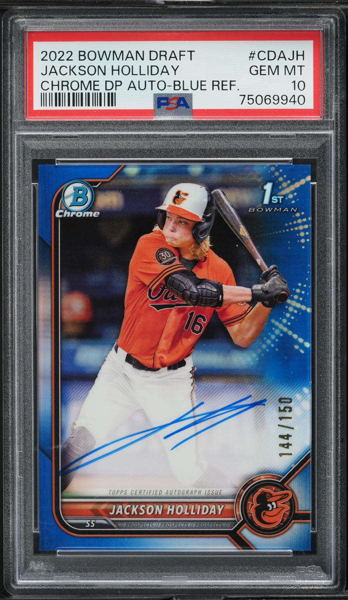 2022 Bowman Chrome Blue Refractor Jackson Holliday PROSPECT AUTO /150 #CDA-JH PSA 10 GEM MINT