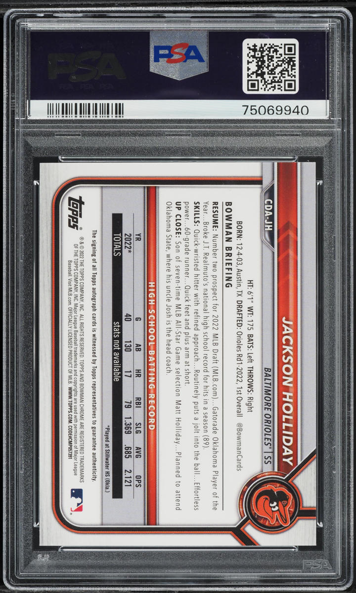2022 Bowman Chrome Blue Refractor Jackson Holliday PROSPECT AUTO /150 #CDA-JH PSA 10 GEM MINT