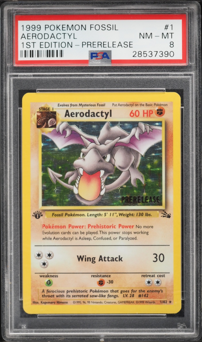 1999 Pokemon Fossil 1st Edition Prerelease Holo Aerodactyl #1 PSA 8 NM-MT