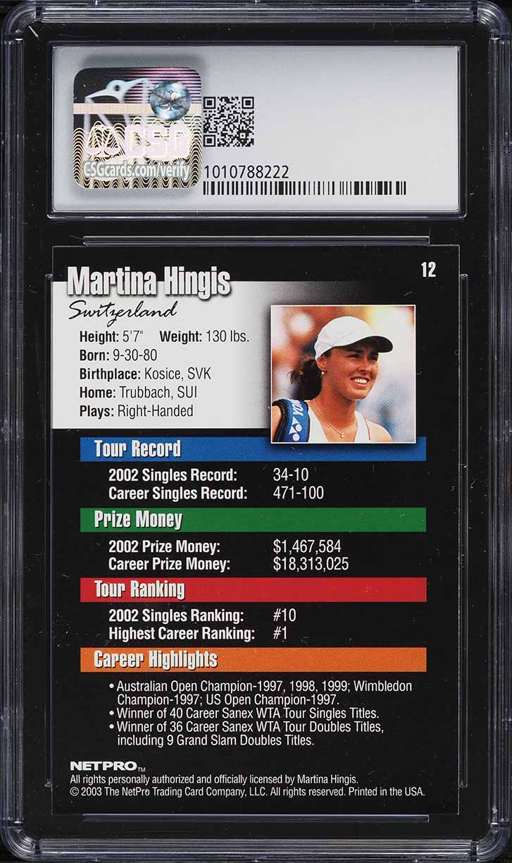2003 Netpro Tennis Martina Hingis #12 CSG 9 MINT