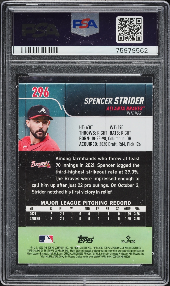 2022 Stadium Club Spencer Strider ROOKIE #296 PSA 9 MINT