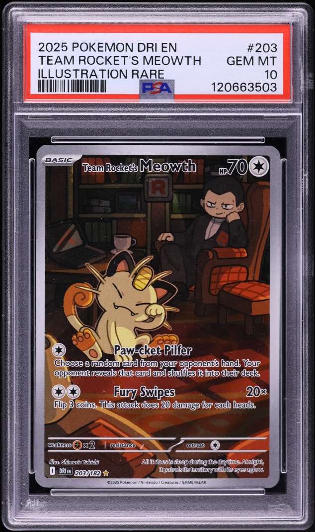 2025 Pokemon Scarlet & Violet Destined Rivals IR Team Rocket's Meowth #203 PSA 10 GEM MINT