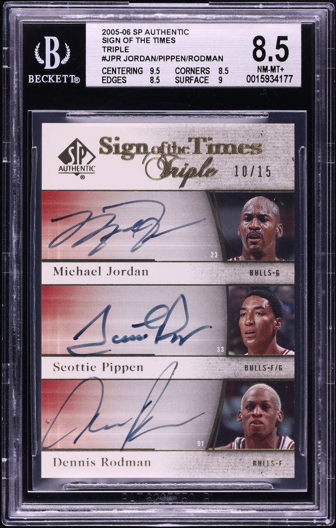 2005 SP Authentic SOTT Michael Jordan Scottie Pippen Dennis Rodman AUTO /15 #JPR BGS 8.5 NM-MT+