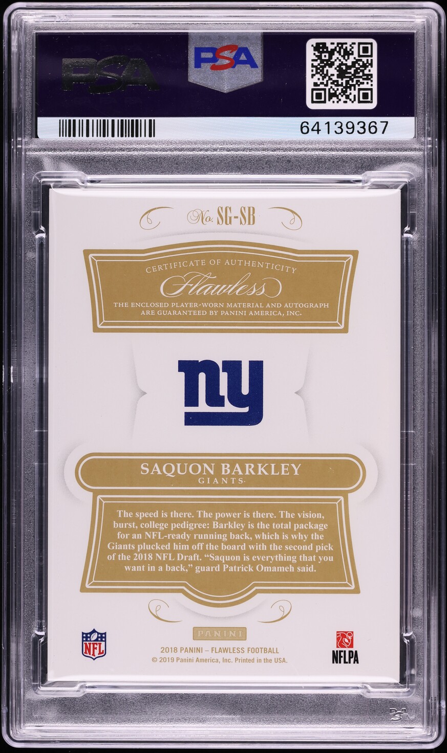 2018 Panini Flawless Gloves Saquon Barkley ROOKIE PATCH AUTO /25 PSA 10 GEM MINT