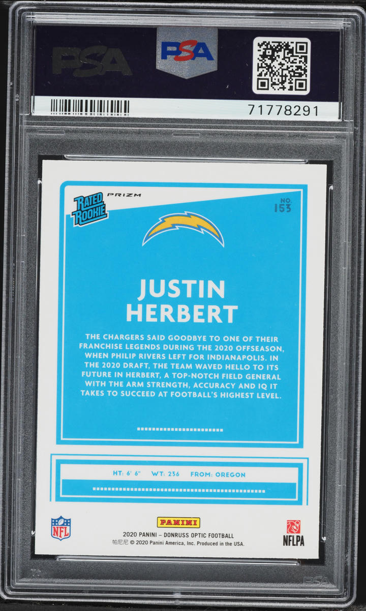 2020 Donruss Optic Blue Hyper Justin Herbert ROOKIE #153 PSA 10 GEM MINT