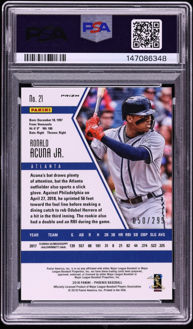 2018 Panini Chronicles Phoenix Aqua Ronald Acuna Jr. ROOKIE /299 #21 PSA 9 MINT
