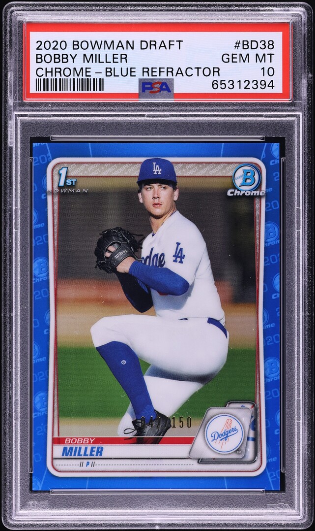 2020 Bowman Chrome Draft Blue Refractor Bobby Miller PROSPECT /150 #BD-38 PSA 10