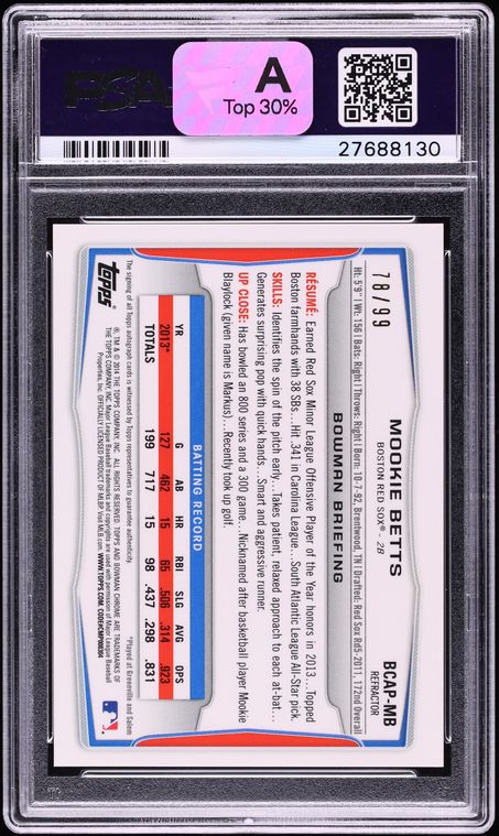 2014 Bowman Chrome Black Refractor Mookie Betts PROSPECT AUTO /99 #BCAP-MB PSA 10 GEM MINT