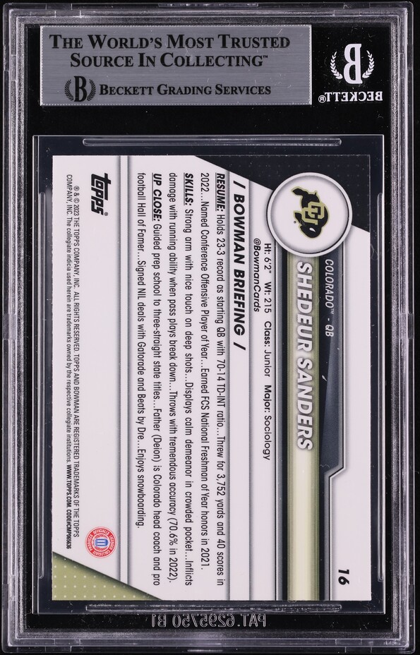 2023 Bowman Chrome University Shedeur Sanders ROOKIE #16 BGS 9 MINT