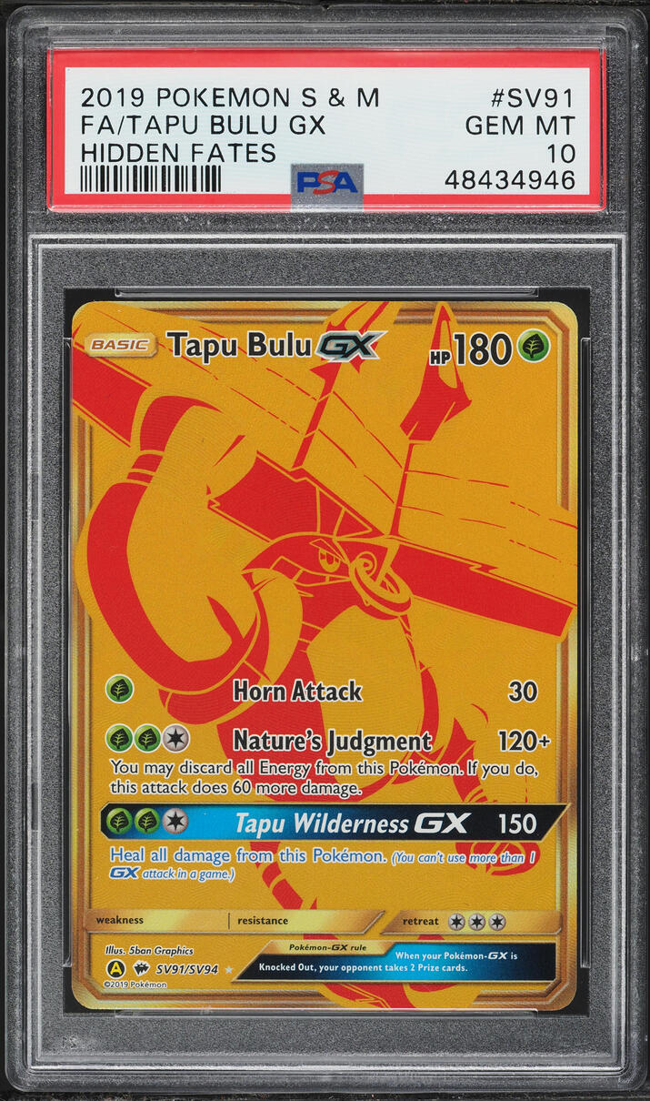 2019 Pokemon Sun & Moon Hidden Fates Full Art Tapu Bulu GX #SV91 PSA 10 GEM MINT