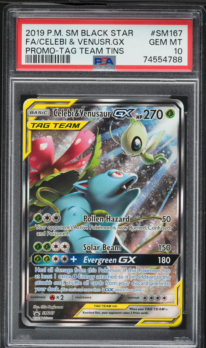 2019 Pokemon Sun & Moon Promo Tag Team Tins Full Art Celebi Venusaur GX #SM167 PSA 10 GEM MINT