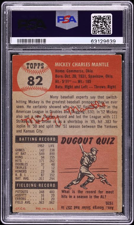 1953 Topps Mickey Mantle AUTO DNA 9 #82 PSA 4 VGEX