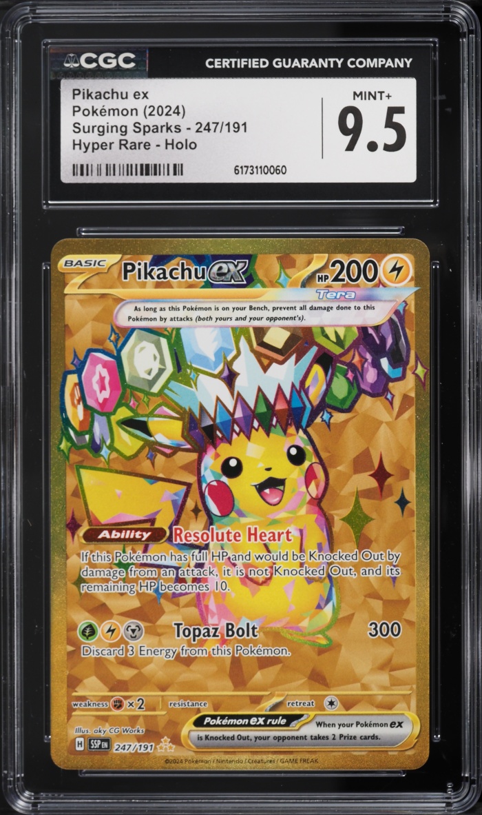 2024 Pokemon Scarlet & Violet Surging Sparks Gold Rare Pikachu ex #247 CGC 9.5 MINT+