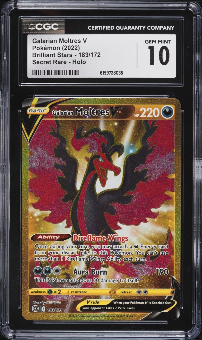 2022 Pokemon Sword & Shield Brilliant Stars Gold Rare Galarian Moltres V #183 CGC 10 GEM MINT