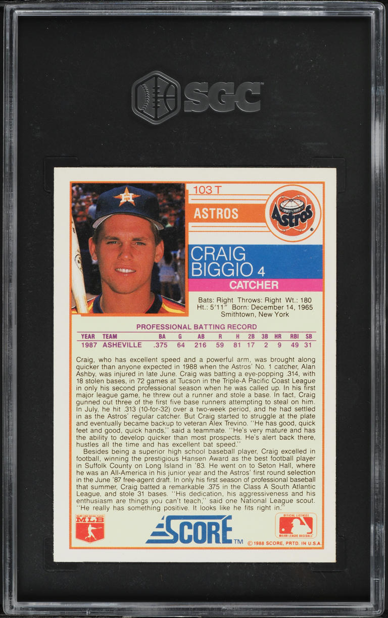 1988 Score Traded Craig Biggio ROOKIE #103T SGC 9.5 MINT+