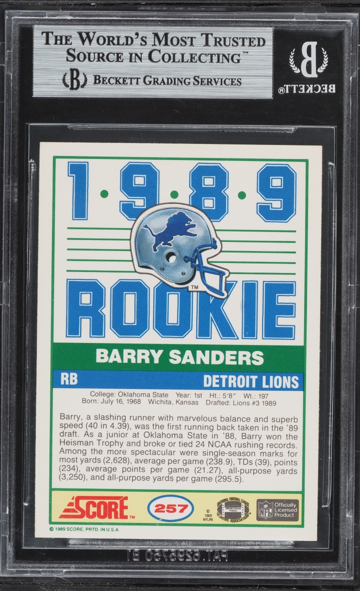 1989 Score Football Barry Sanders ROOKIE #257 BGS 9 MINT