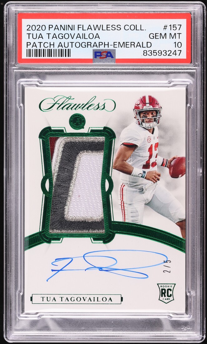 2020 Panini Flawless Collegiate Emerald Tua Tagovailoa ROOKIE PATCH AUTO /5 #157 PSA 10 GEM