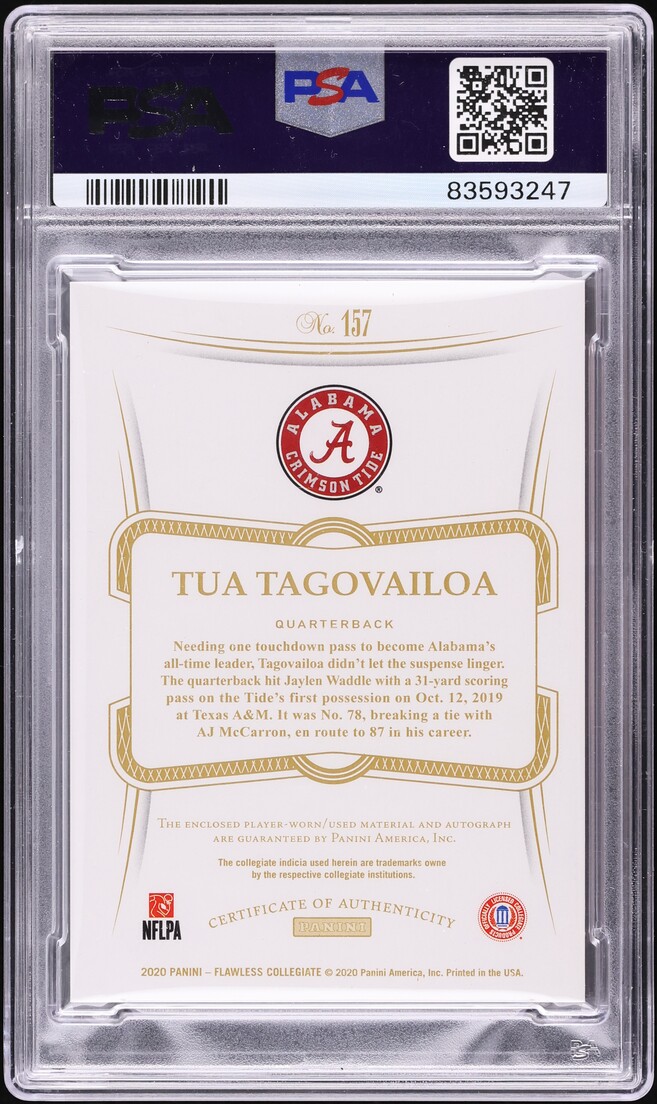 2020 Panini Flawless Collegiate Emerald Tua Tagovailoa ROOKIE PATCH AUTO /5 #157 PSA 10 GEM