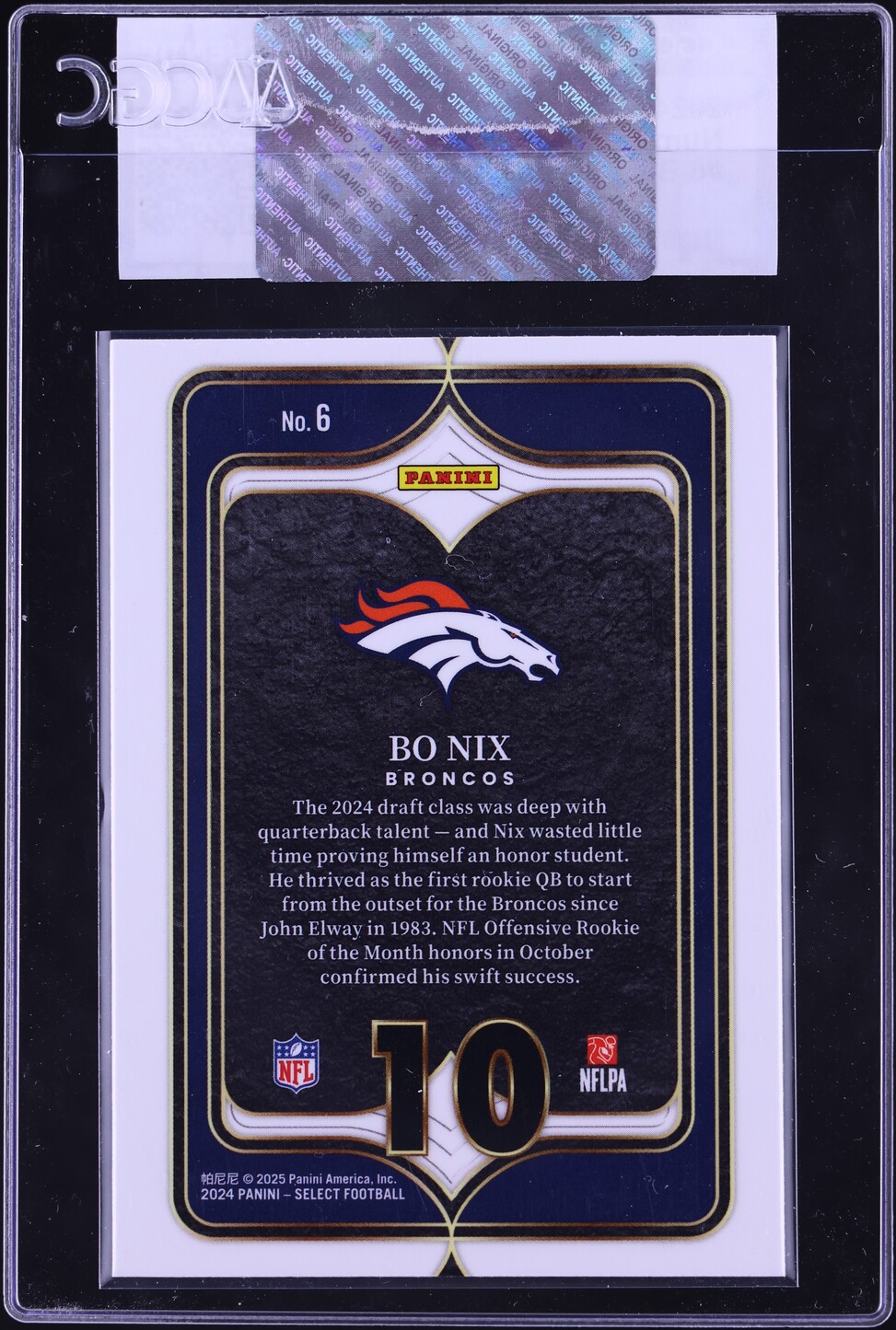 2024 Select Numbers Bo Nix ROOKIE #6 CGC AUTH