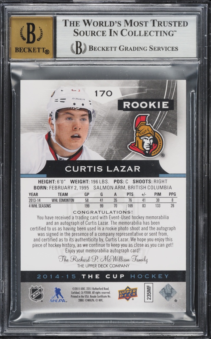 2014 Upper Deck The Cup Curtis Lazar ROOKIE PATCH AUTO /249 #170 BGS 8.5 NM-MT+
