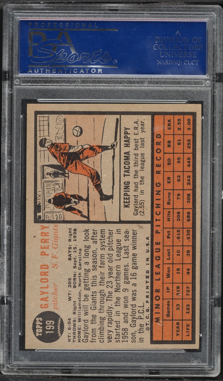1962 Topps Gaylord Perry ROOKIE #199 PSA 6 EXMT