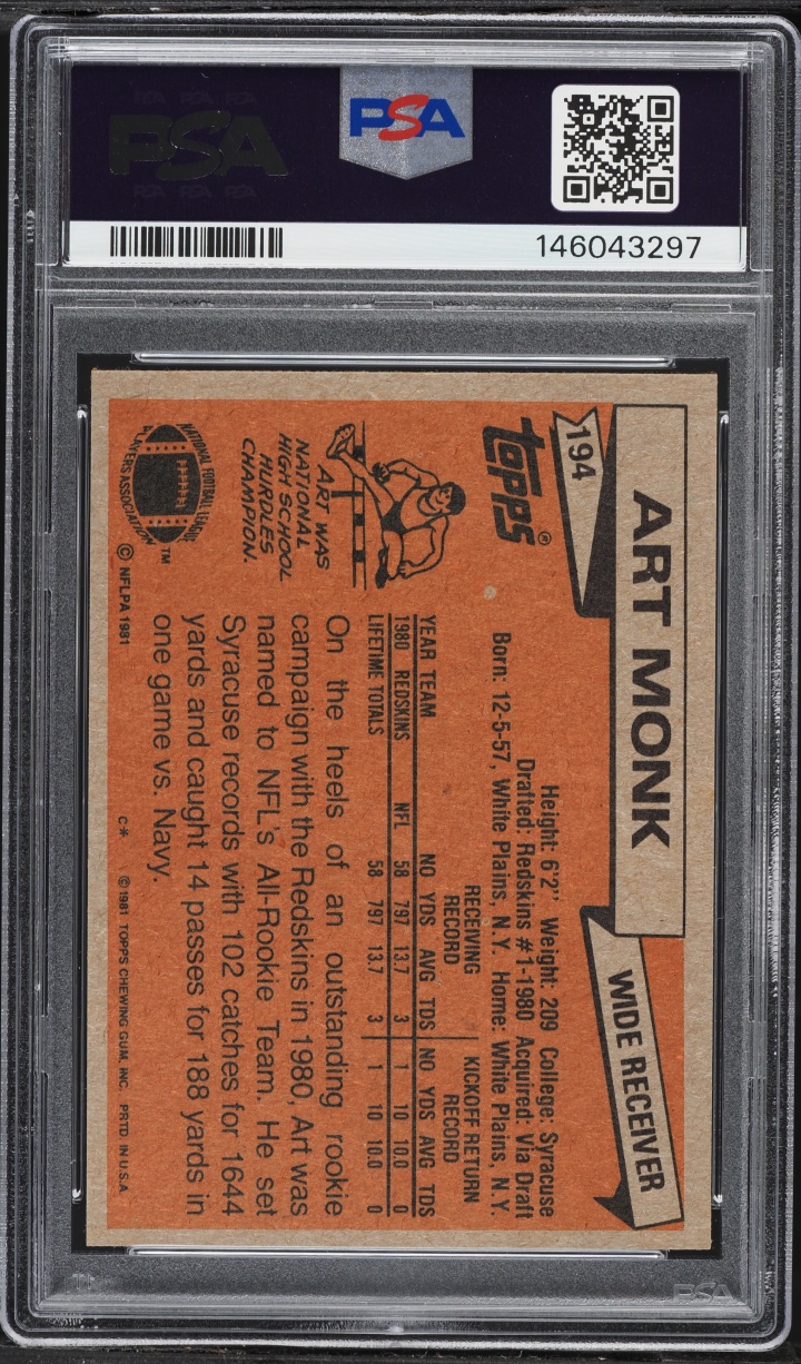 1981 Topps Football Art Monk ROOKIE #194 PSA 7 NRMT