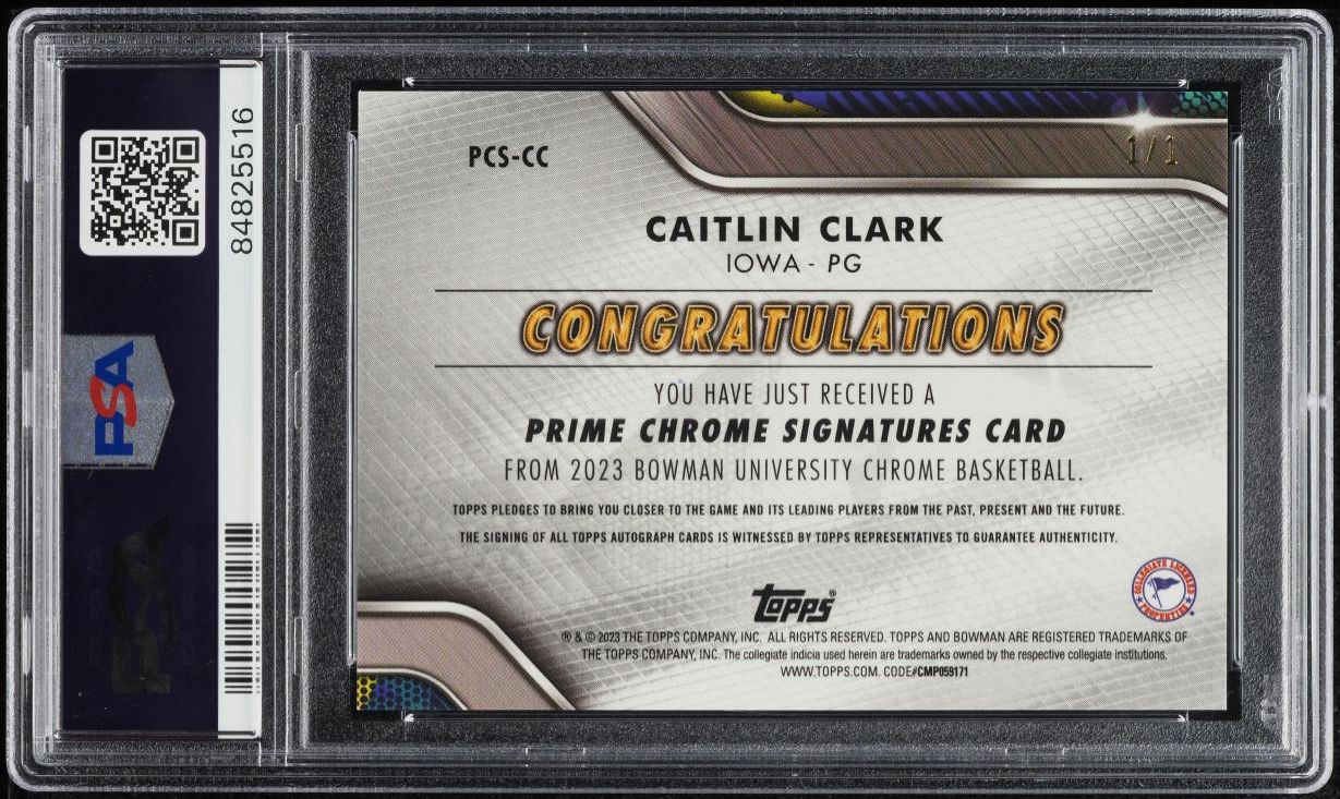 2022 Bowman U Chrome Prime Superfractor Caitlin Clark RC AUTO DNA 10 1/1 PSA 9