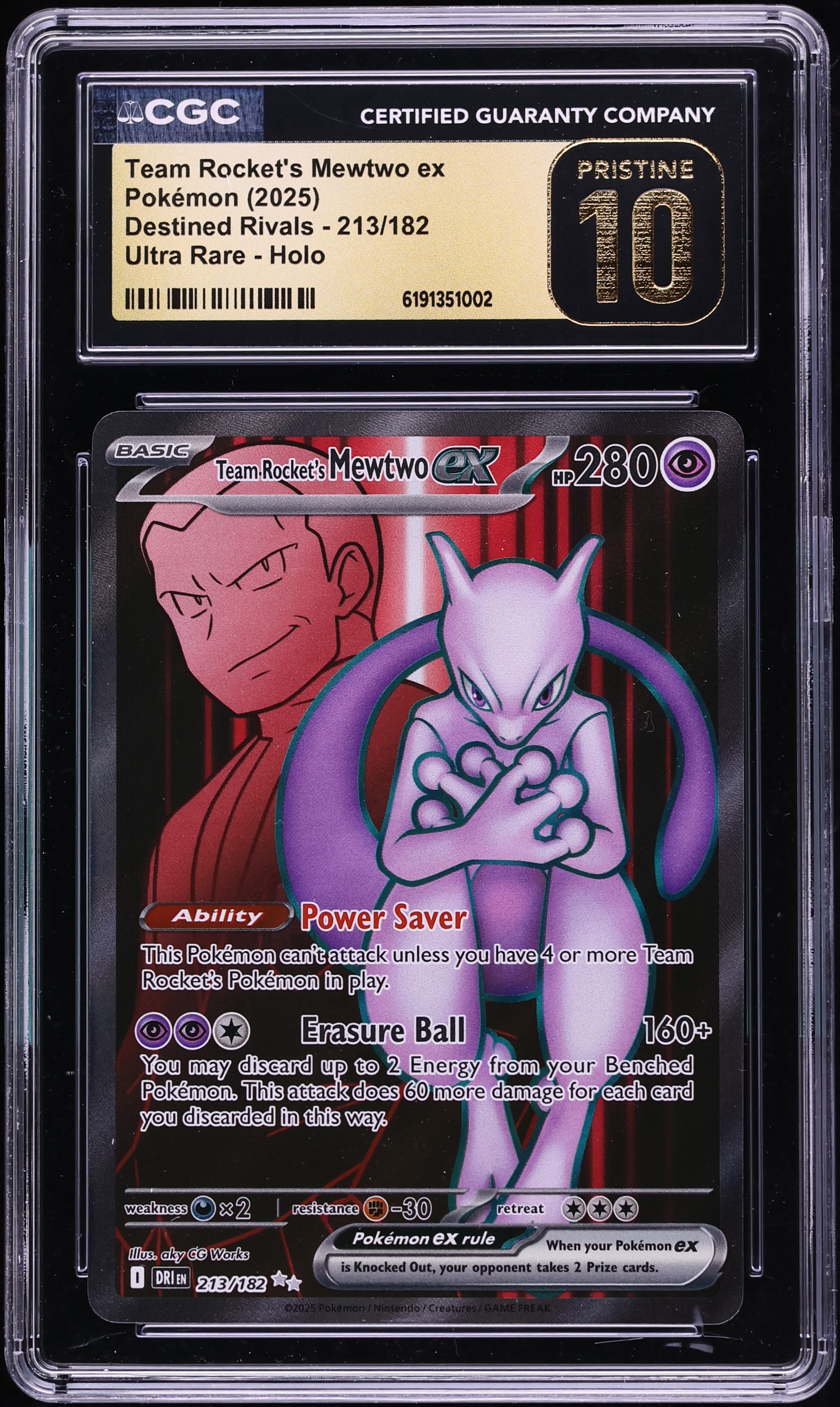 2025 Pokemon SV Destined Rivals Full Art Team Rocket's Mewtwo EX #213 CGC 10 PRISTINE