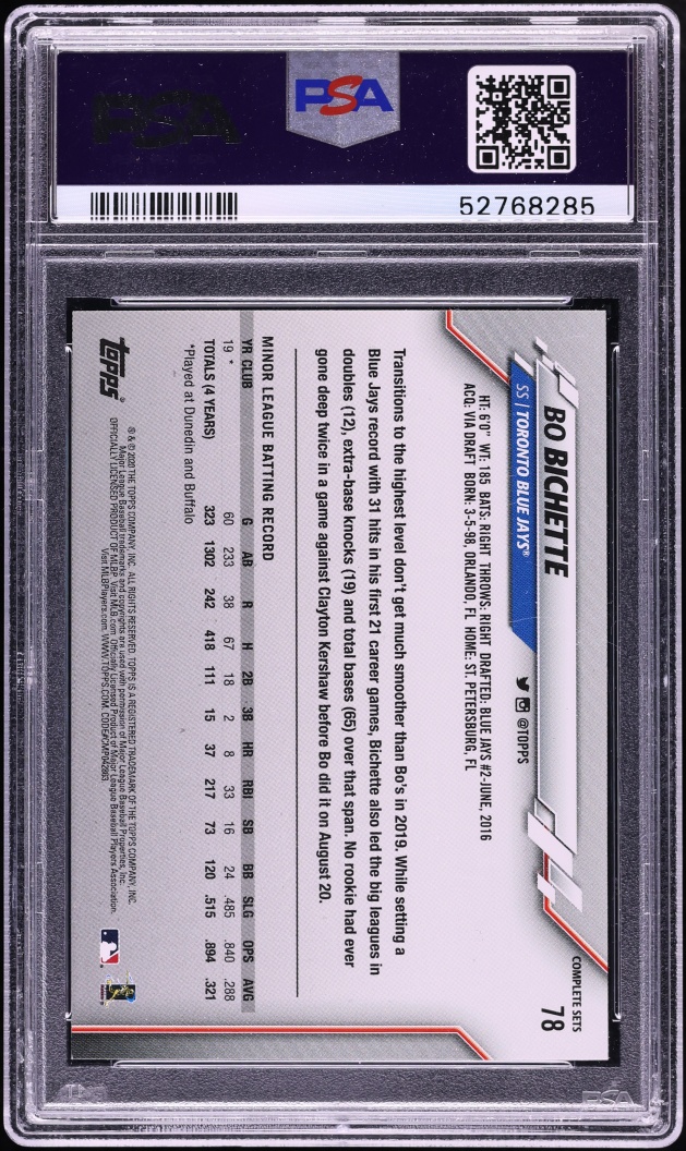 2020 Topps Complete Set Bo Bichette ROOKIE #78 PSA 9 MINT