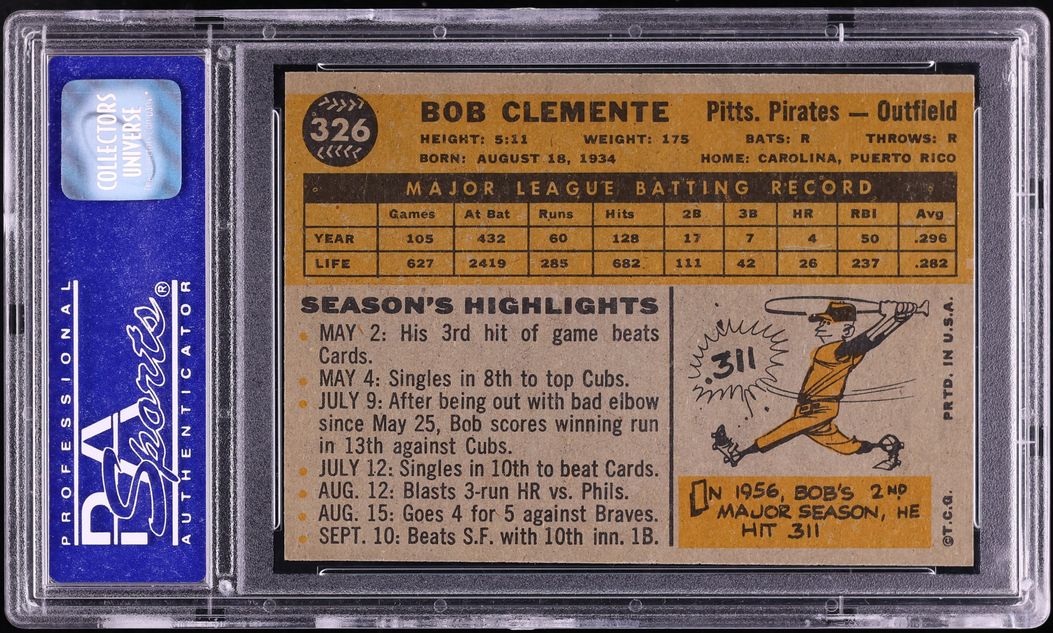 1960 Topps Roberto Clemente #326 PSA 8 NM-MT