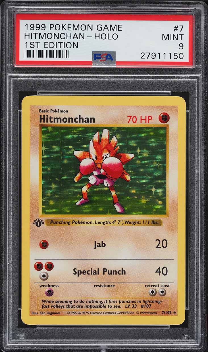1999 Pokemon Base Set Shadowless 1st Edition Holo Hitmonchan #7 PSA 9 MINT
