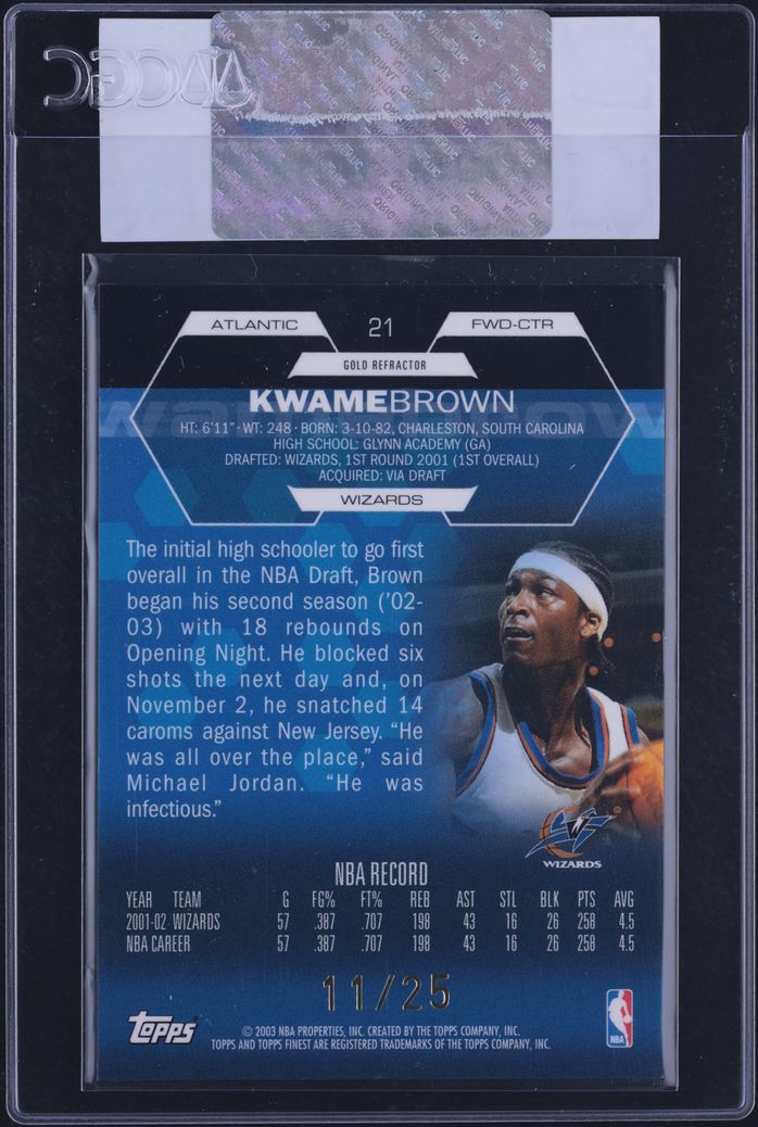 2002 Finest Gold Refractor Kwame Brown /25 #21 CGC AUTH