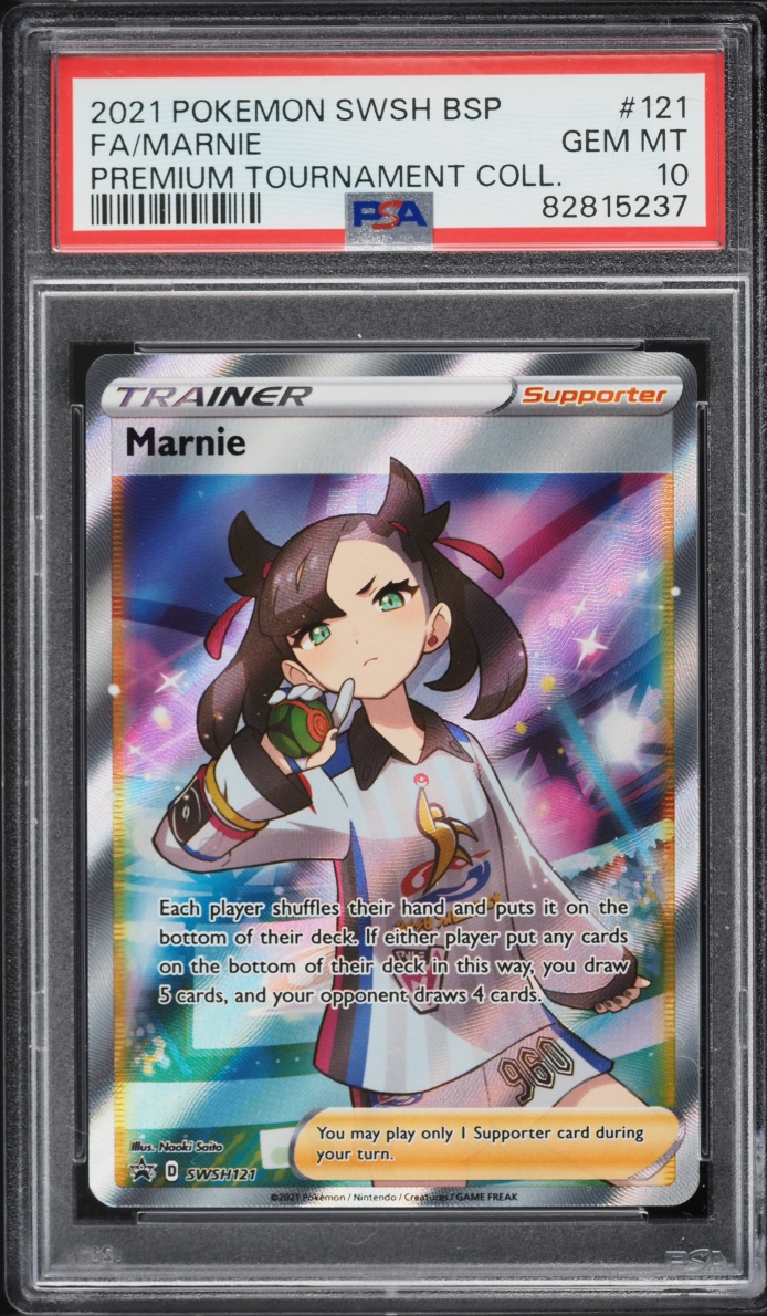 2021 Pokemon Sword & Shield Promo Premium Tournament Full Art Marnie #121 PSA 10 GEM MINT