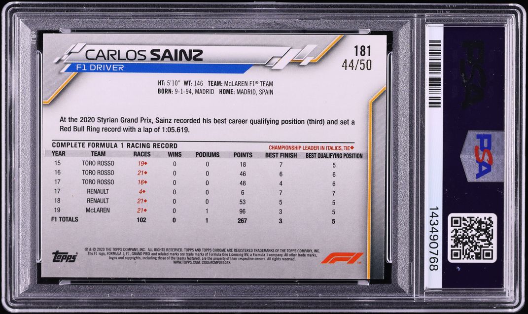 2020 Topps Chrome Formula 1 F1 Gold Wave Refractor Carlos Sainz /50 #181 PSA 7 NRMT