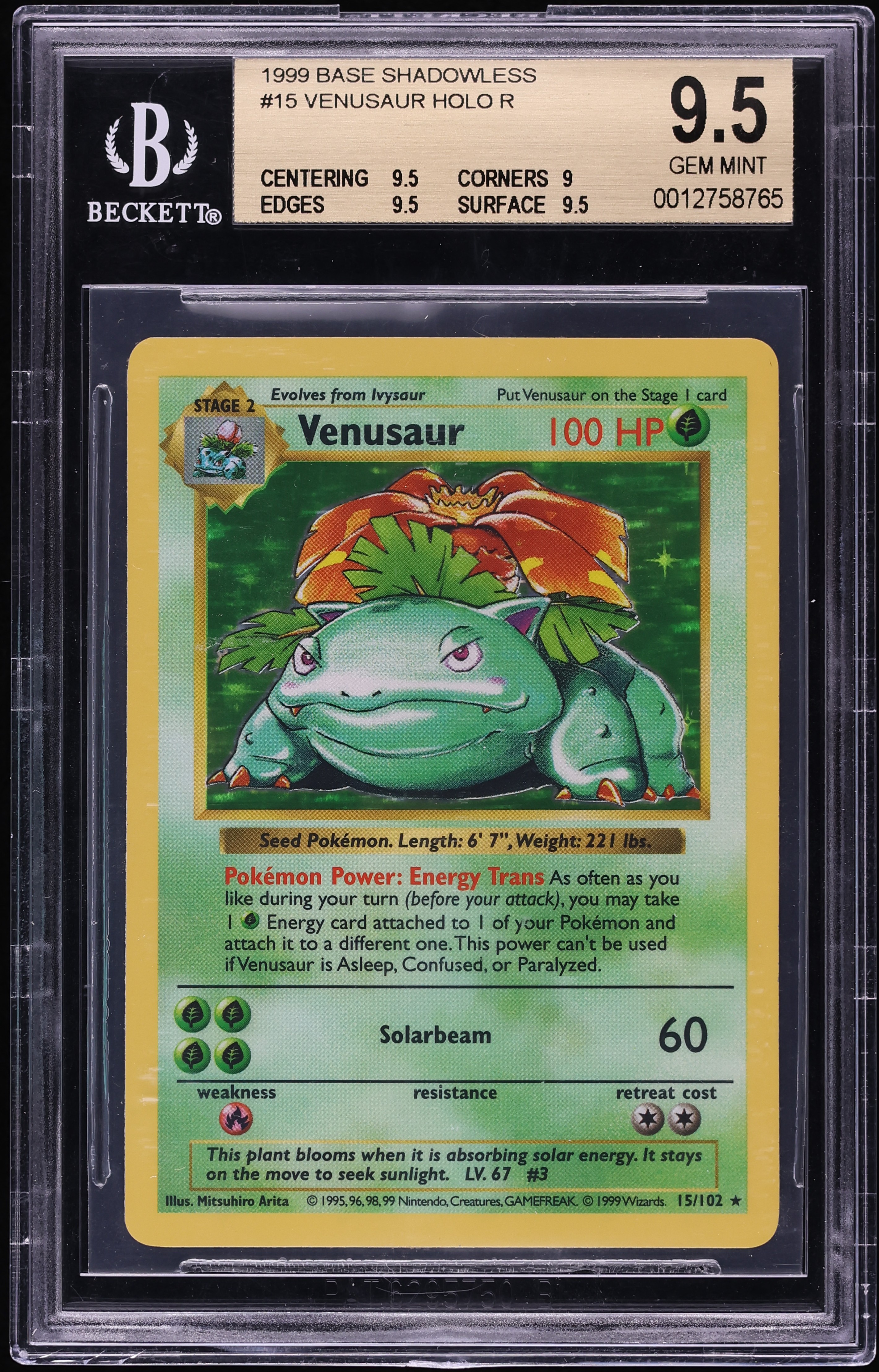 1999 Pokemon Base Set Shadowless Holo Venusaur #15 BGS 9.5 GEM MINT