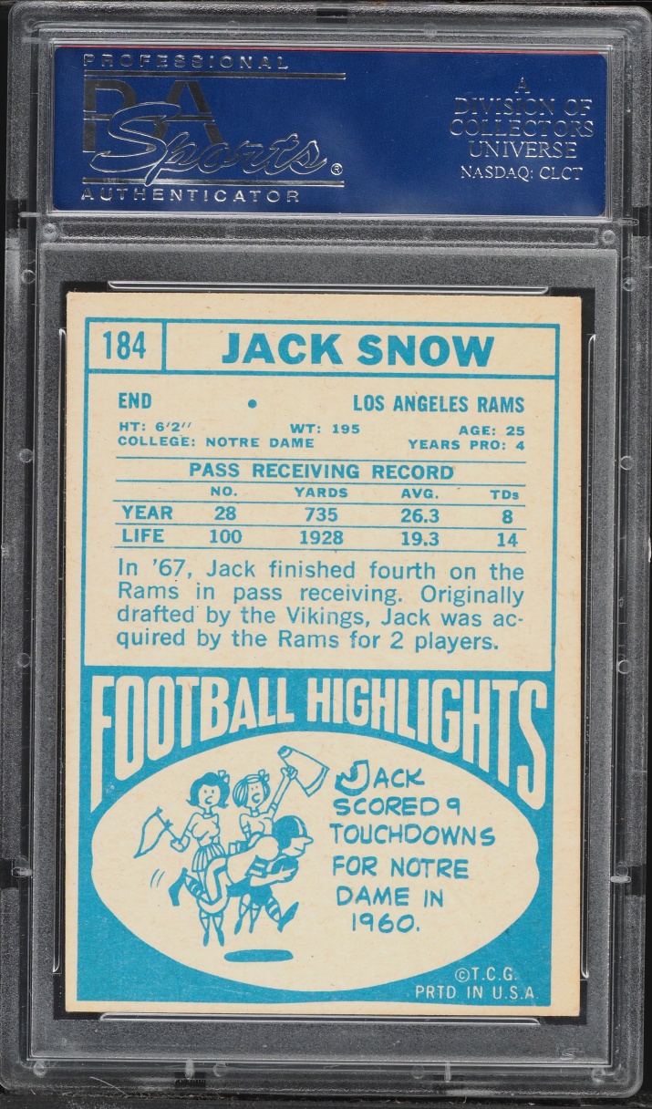 1968 Topps Football Jack Snow ROOKIE #184 PSA 6 EXMT