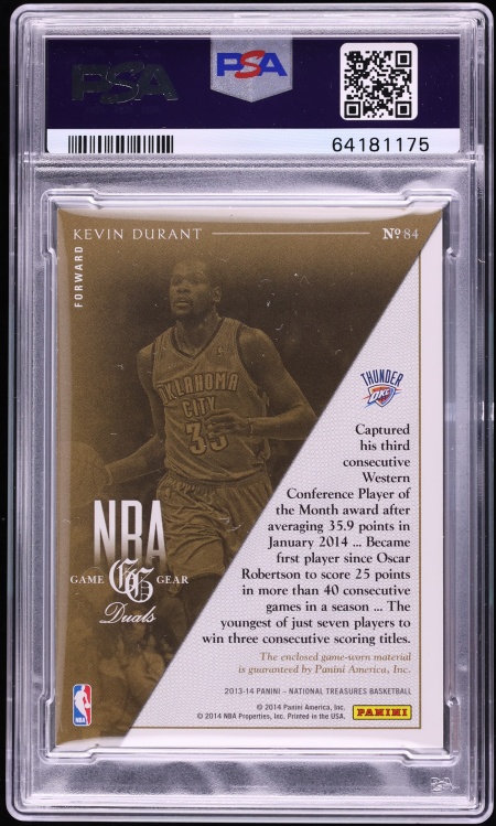 2013 National Treasures NBA Game Gear Kevin Durant PATCH /99 #84 PSA 7 NRMT