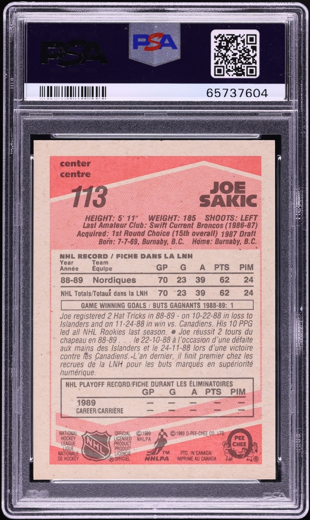 1989 O-Pee-Chee Hockey Joe Sakic ROOKIE #113 PSA 9 MINT