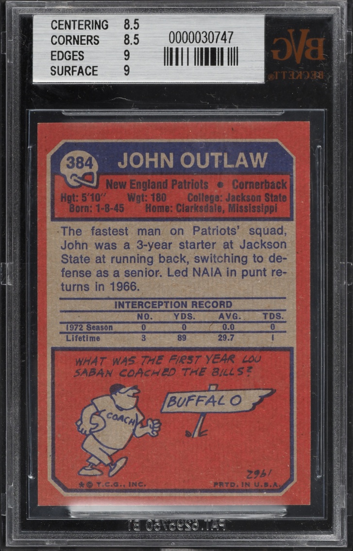 1973 Topps Football John Outlaw ROOKIE #384 BVG 8.5 NM-MT+