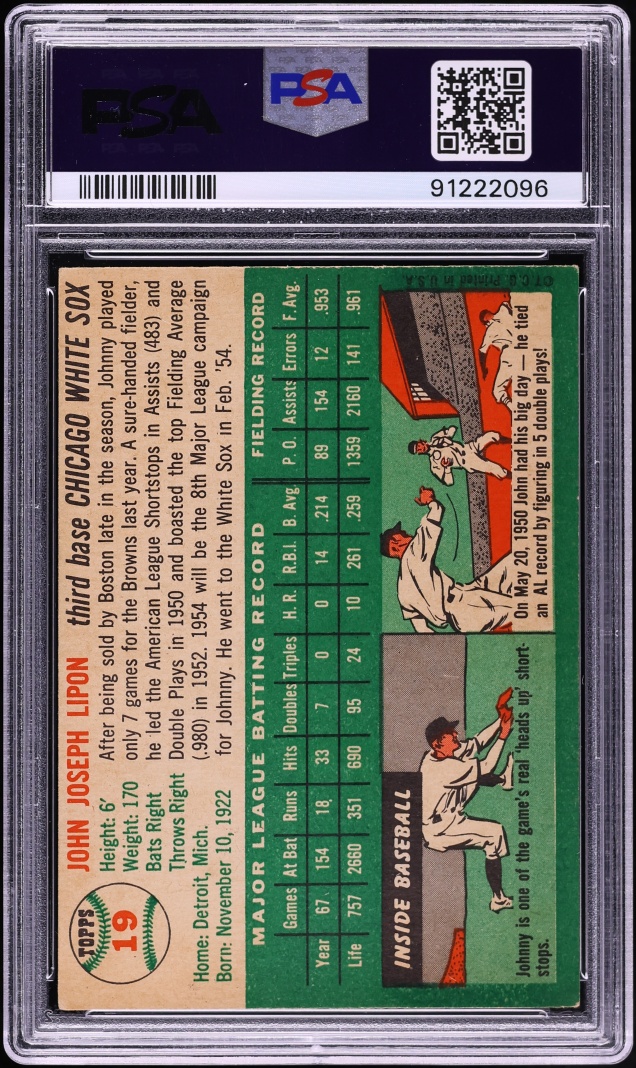 1954 Topps Johnny Lipon #19 PSA 6 EXMT