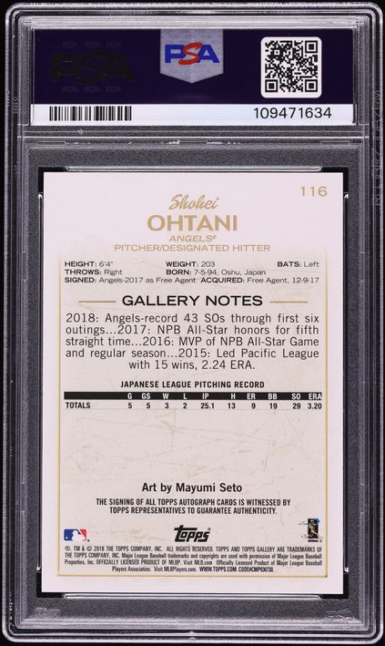 2018 Topps Gallery Shohei Ohtani ROOKIE AUTO #116 PSA 10 GEM MINT