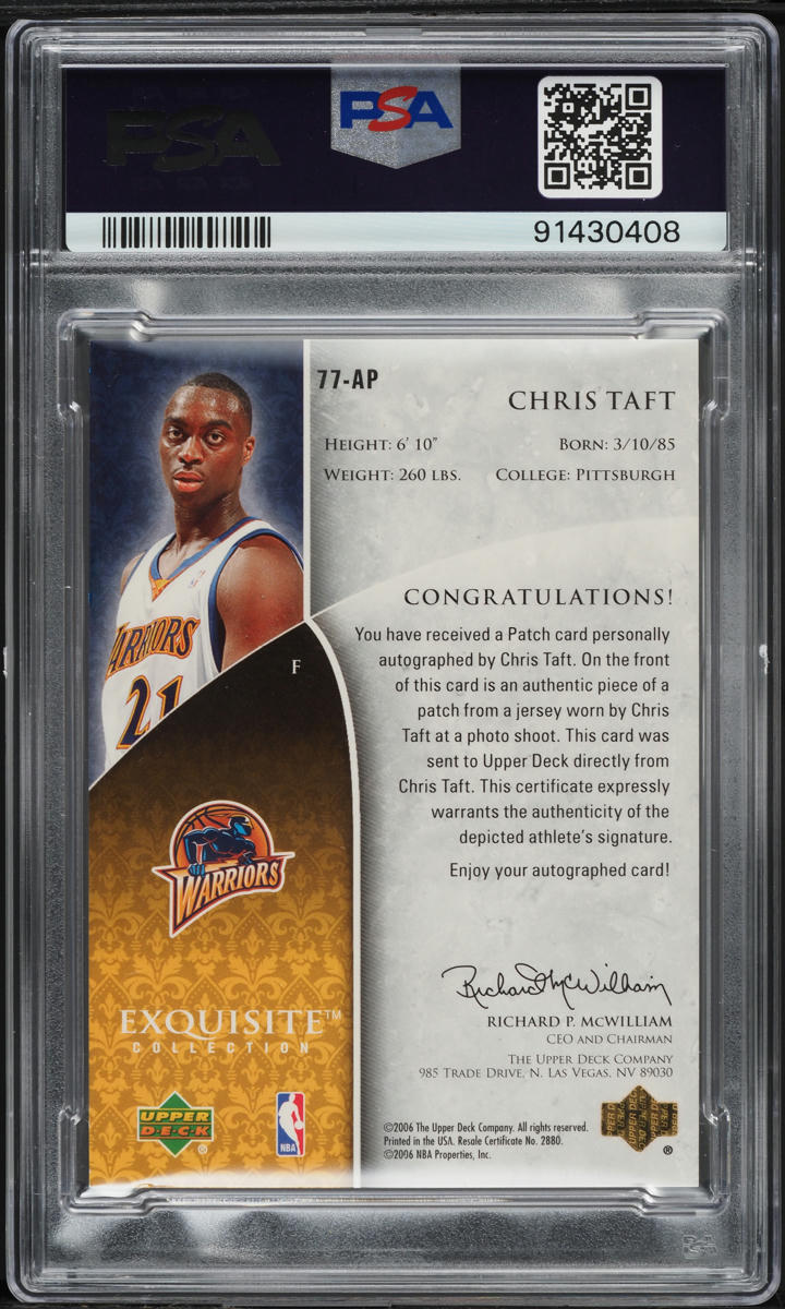 2005 Exquisite Collection Gold Chris Taft ROOKIE PATCH AUTO /21 #77-AP PSA 8