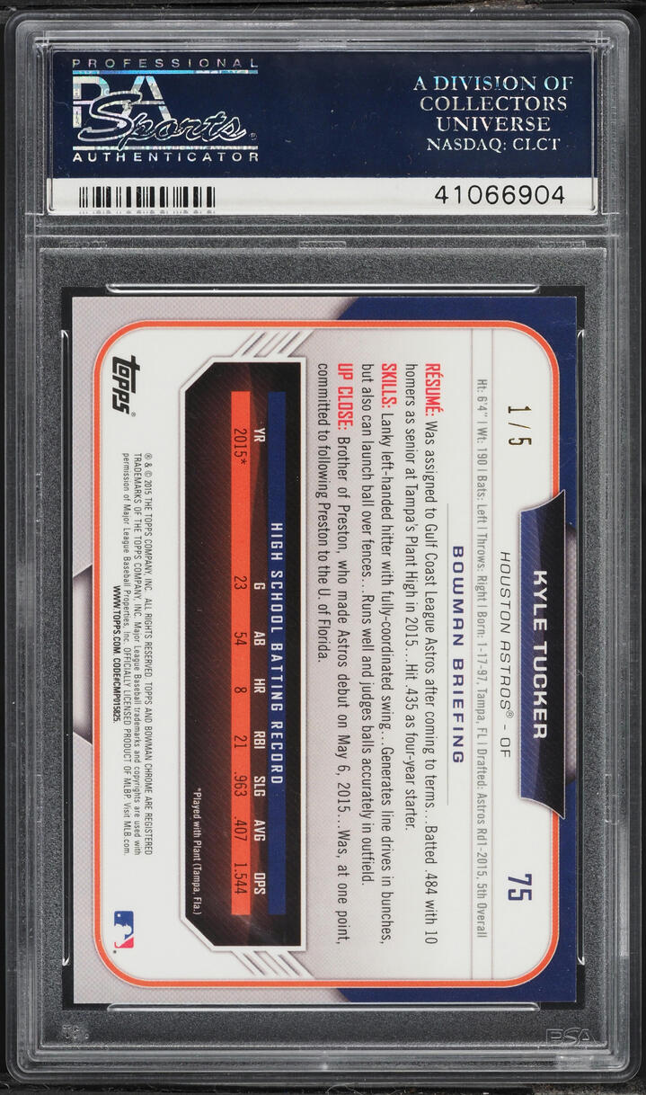 2015 Bowman Chrome Draft Red Refractor Kyle Tucker PROSPECT 1/5 #75 PSA 10 GEM MINT - Photo 2