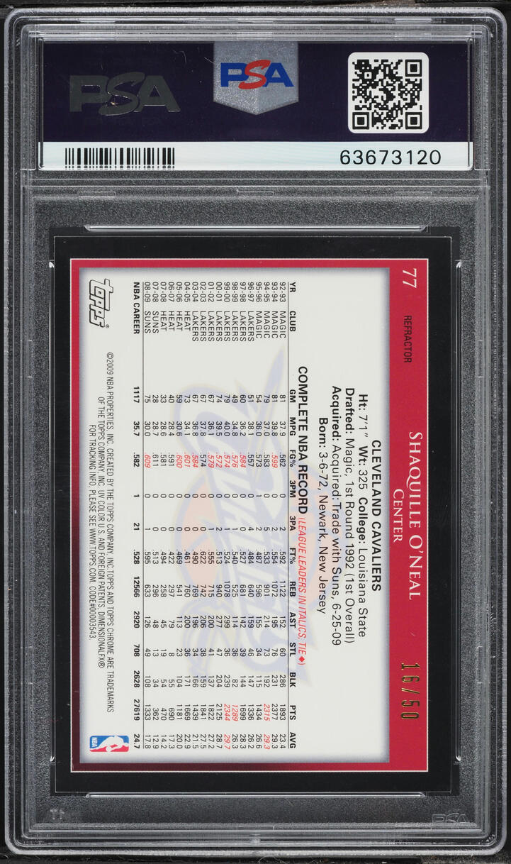 2009 Topps Chrome Gold Refractor Shaquille O'Neal /50 #77 PSA 10 GEM MINT - Photo 2