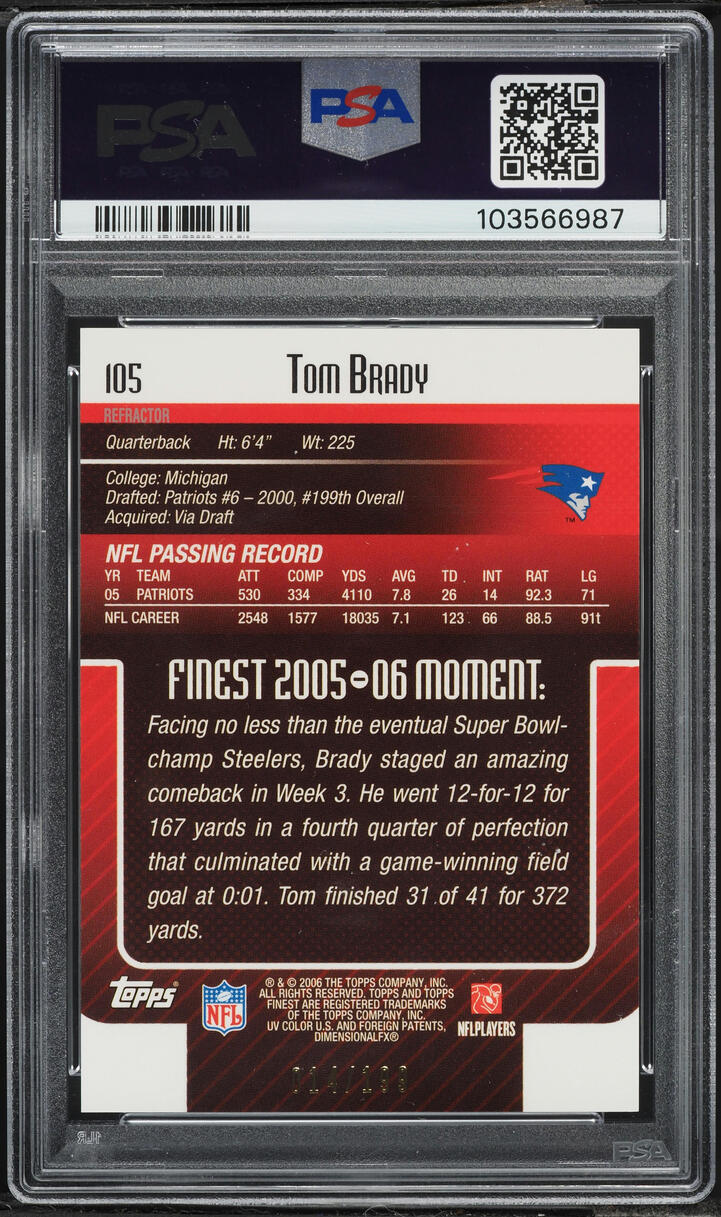 2006 Finest Green Refractor Tom Brady /199 #105 PSA 10 GEM MINT - Photo 2