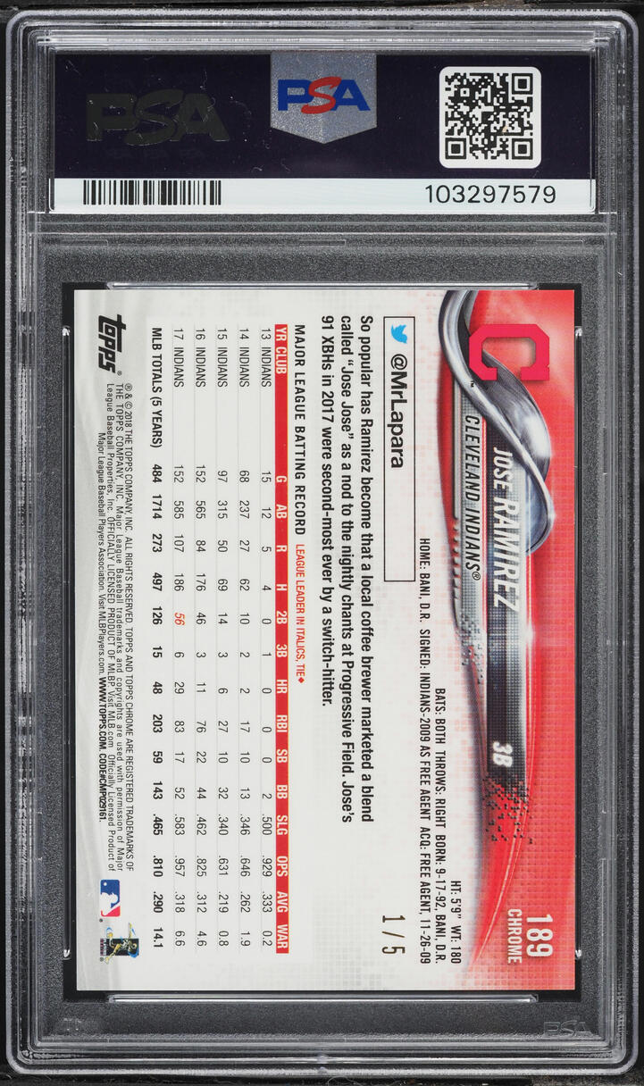 2018 Topps Chrome Red Refractor Jose Ramirez 1/5 #189 PSA 10 GEM MINT - Photo 2